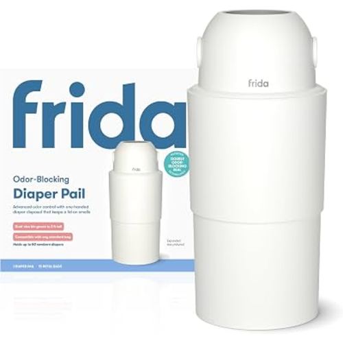 Frida Odor-Blocking Diaper Pail with One-Handed Disposal | Odor-Blocking Diaper Pail with Double Odor Seal, One-Handed Disposal, Dual-Size Bin + 15 Refill Bags