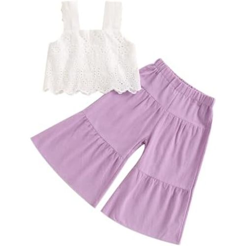 VISGOGO Toddler Baby Girls Summer Outfit Sleeveless Lace Embroidery Clothes Toddler Kids Tank Tops Bell-bottom Pants Set