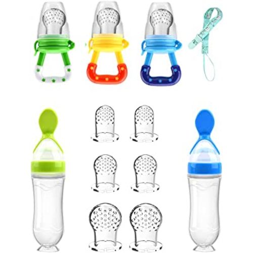 Food Feeder Baby Fruit Pacifier (3 Pcs) with 6 Different Sized Silicone Pacifiers 2 PCS Dispensing Spoon 90ML Spoons Clip Infant Teething Toy -Blue