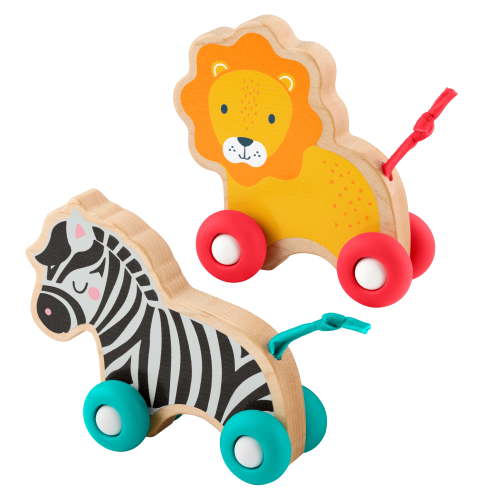 Fisher-Price Wooden Push Along Animals, Lion & Zebra Toy Vehicles for Infant Crawling Play