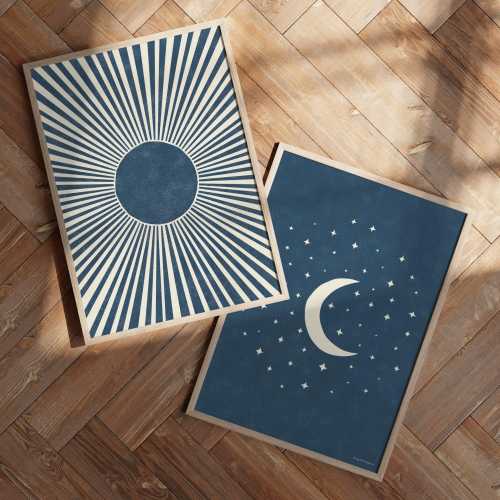 Boho Sun and Moon Print Set of 2 | Navy Blue Mid Century Modern Posters | Minimal Wall Art | Sun Moon Stars Abstract Art Prints