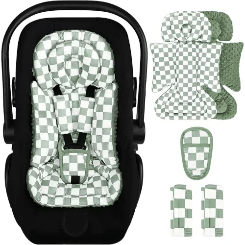 DILIMI Infant Car Seat Insert, Baby Car Seat Head Support with Removable Headrest, Adjustable Newborn Car Seat Cushion with3 Strap Paddings for Stroller, Swing, Bouncers, Green Lattice