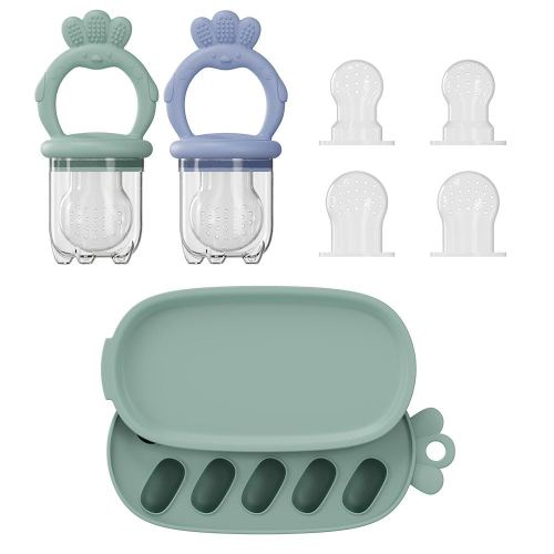 2 Pcs Baby Food Fruit Feeder with Freezer Tray Breastmilk Popsicle Molds Silicone Fruit Feeder for Self Feeding Teething Relief Toys (Blue+Green)