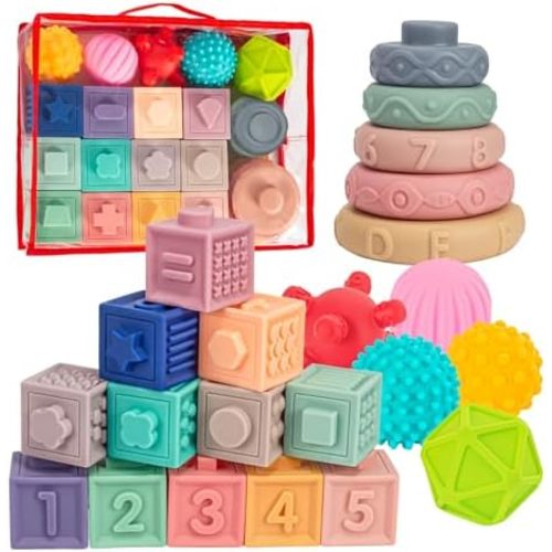 3 in 1 Baby Toys,Montessori Baby Blocks for 0-3-6-12 Months Babies