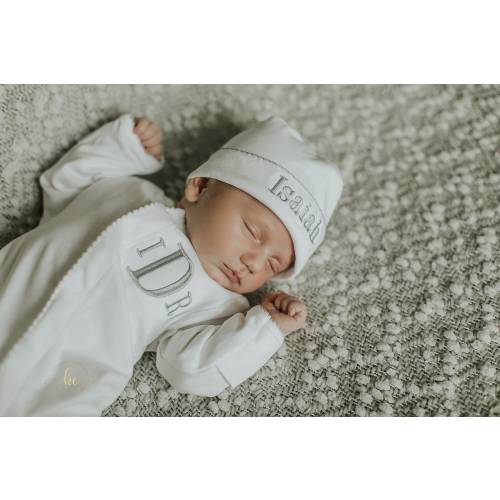 Baby boy coming home outfit, size 0-3 month, monogram footie, gray and white