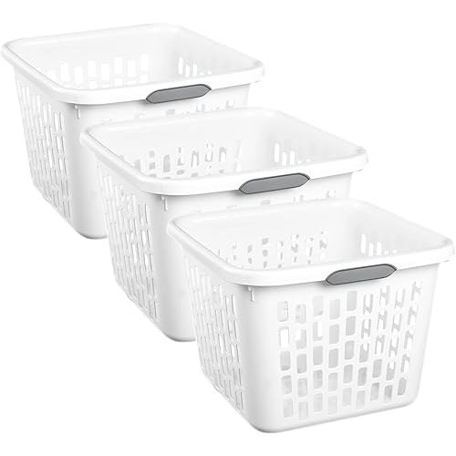 Set of 3 White 1.5 Bushel Small Square Plastic Laundry Basket, Sturdy Clothes Storage Bin with Comfort Handles
