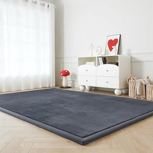 Loartee Faux Rabbit Fur Rug - 1.18" Thick Soft Fluffy Area Rug, Non-Slip Memory Foam Crawling Mat, Dark Gray, 59"x59"