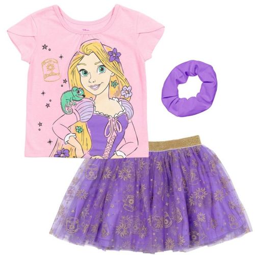 Disney Tangled Toddler Girls' Lantern Print Short Sleeve Graphic Tee and Tulle Skirt Outfit with Scrunchie Purple Rapunzel 3T