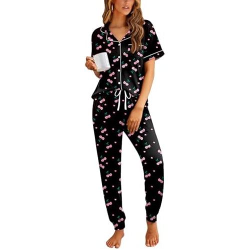 Ekouaer Women Pajama Set Short Sleeve Button Down Pjs with Jogger Pants