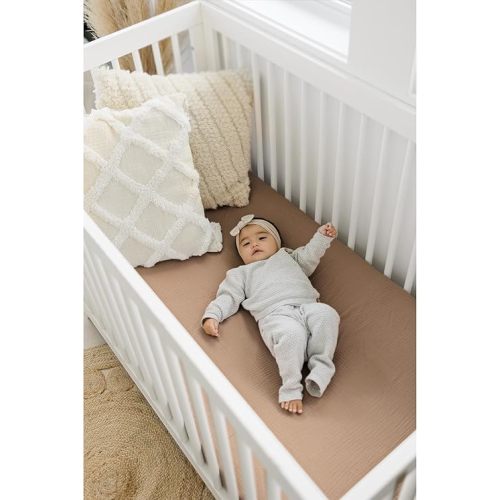Konssy Muslin Crib Sheets for Girl Boy, 2 PCS Soft and Breathable Cotton Baby Sheets for Standard Crib Mattress, 52"x 28" (Brown, Cream)