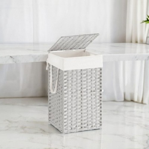 Laundry Hamper with Lid 17.2 Gallon Rattan Clothes Laundry Basket with Lid and Handles Foldable Removable Liner for Laundry Room White
