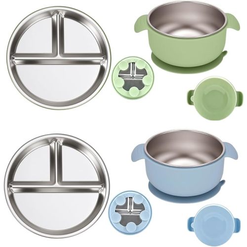 Baby Plates and Bowls Set with Removable Silicone Suction Easy Clean Stainless Steel Baby Feeding Set with Toddler Stainless Steel Kids Spoon Fork and Silicone Cup Bib Toddler Cutlery-Blue Plus