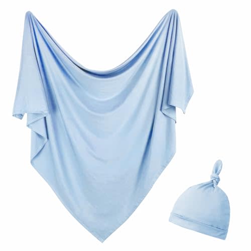 Newborn Swaddle Blanket Hat Set Baby Hospital Receiving Blankets | Soft Breathable Fabric,Size 35"*35" for Newborns 0-6months,Gift for Baby Boys Girls,Machine Washable,Baby Blue