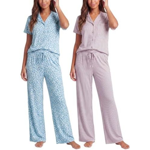 2 Pack: Women's Button Up Pajama Sets Short Sleeve Notch Collar Lounge Sleep PJ Open Bottom Pants Button Down- Set 3, M