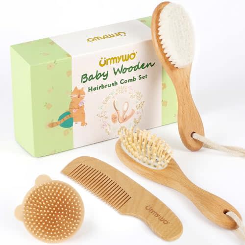Baby Brush and Comb Set, 4 Piece Wooden Soft Bristle Hairbrush for Newborns