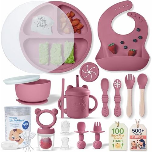 Remonda 23-Piece BPA-Free Silicone Baby Feeding Set | Extra Large Suction Plates, Toddler Bowls, Self Feeding Spoons, and More | Dishwasher Safe| Baby Led Weaning Supplies (Pink)