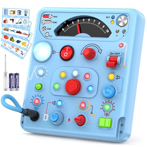 Busy Board Montessori Toys for Toddler 1 2 3 4 Year Old with 13 LED Lights, Sensory Toys Educational Learning for Toddlers 1-3, Activity Travel Toy Gifts for 1+ Year Old Boys and Girls