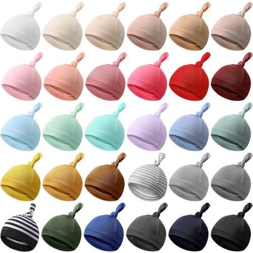 Bonuci 30 Pack Newborn Baby Hats Bulk Knot Beanie Hats Soft for Infant Baby Boys Girls Caps 0-6 Months, Multicolored
