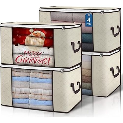 90 L Large Storage Bags, 4 Pack Clothes Storage Bins Foldable Closet Organizers Storage Containers with Reinforced Handle for Clothing, Blanket, Comforters, Bed Sheets, Pillows and Toys (Beige)