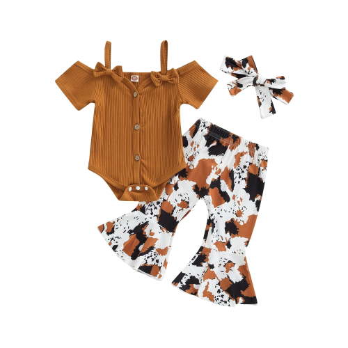 Calsunbaby 3Pcs Infants Baby Girls Romper Outfit Newborn Sweet Style Bow Short Sleeve Suspender Jumpsuit Irregular Spot Bell-bottomed Pants Headwear