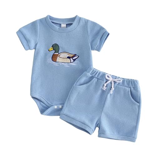 Douhoow Baby Boy Summer Clothes Duck Golf Embroidered Short Sleeve Waffle Baby Romper Shorts Infant Boy Festival Outfits