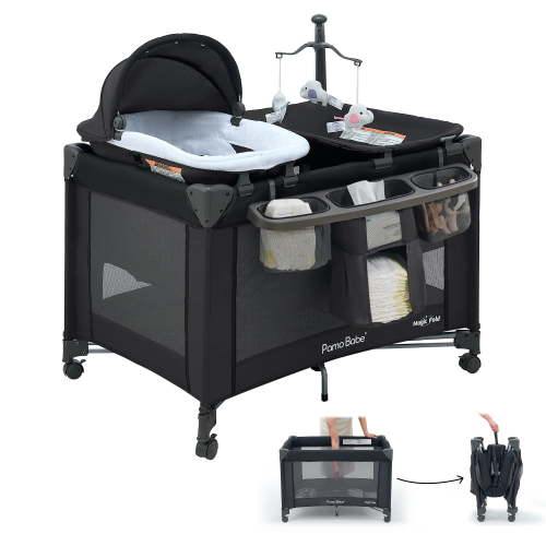 Pamo Babe Baby Playard Magic Fold 1 Step Bassinet & Changing Table for Newborn, 4-Panels (Black)