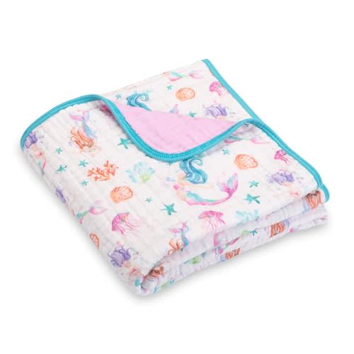 LollyBanks Muslin Baby Quilt, 6-Layer 100% Organic Cotton Baby Blanket for Girls, Soft and Breathable Toddler Quilt, Lightweight Infant Blanket for Crib or Stroller, Newborn Essentials (Mermaid Print)
