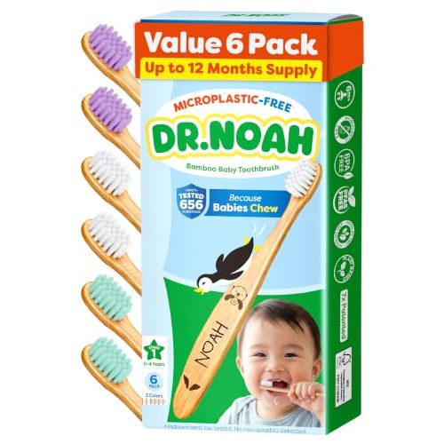 Dr. Noah Microplastic-Free Bamboo Baby Toothbrush, Dentist Designed, 6 Pack | 656 Substances Safety Tested | BPA, PFAS & Phthalate Free | Extra Soft Bristles | Infant to Toddler, 6-12 Months, Age 2-4