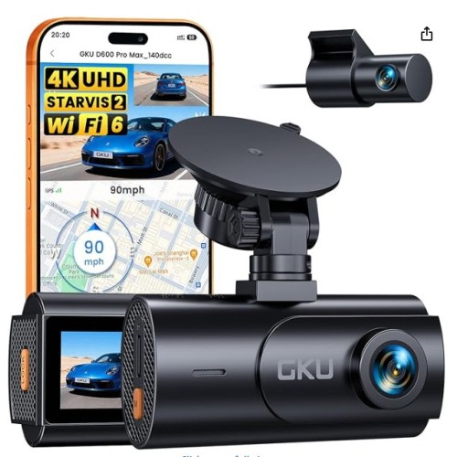 GKU 4K Dual Dash Cam Front and Rear, STARVIS 2 Sensor, 5.8GHz WiFi6 Up to 20MB/s, Voice Control, Dash Camera with GPS, WDR Night Vision, 24H Parking Mode, Loop Recording, Supercapacitor(No SD Card)