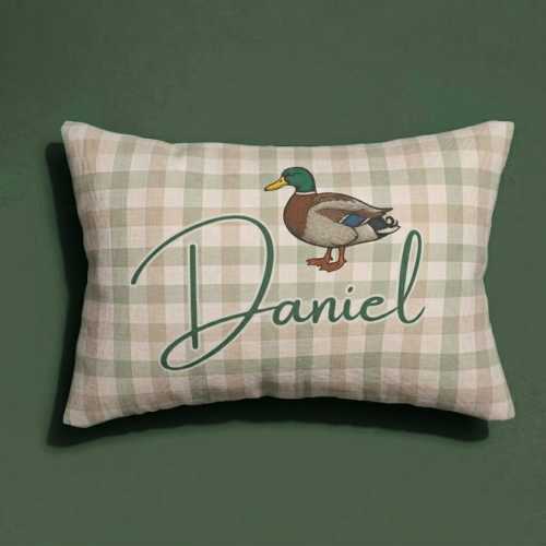 Personalized Duck Name Pillow Lumbar Kids Decorative Throw Yellow Gingham Cushion Cover Nursery Decor Toddler Room Baby Shower Gift