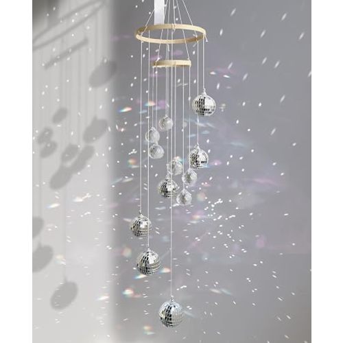AceList Hanging Disco Ball Decor Sun Catcher Crystals, 35 inch Handmade Dual Spiral Crystal Suncatcher Mobile, Mirror Ball & Light Catcher for Window, Boho or Crystal Decor