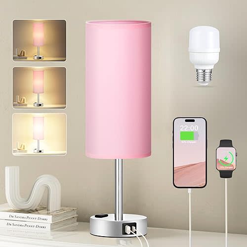 Fenmzee Pink Lamp for Bedroom Nightstand - 3 Way Dimmable Touch Table Lamp USB C Charging Ports, Small Lamp with AC Outlet for Desk Girls Room, LED Bulb Included