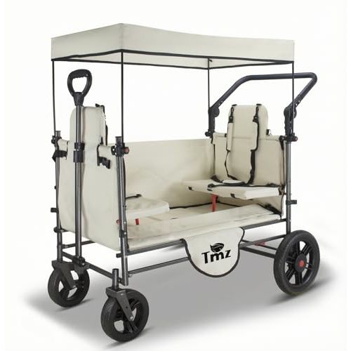 TMZ Collapsible Wagon Cart with Side-Opening Seat Conversion Design, Foldable Utility Wagon with 2 Seats, Heavy Duty Wagon 265 lbs Load Capacity (Beige)