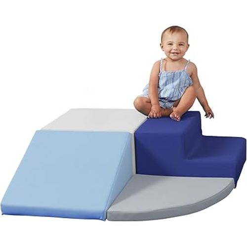 SoftScape Toddler Playtime Corner Climber, Indoor Active Play Structure for Toddlers and Kids, Safe Soft Foam for Crawling and Sliding (4-Piece Set) - Navy/Powder Blue, 11619-NVPB