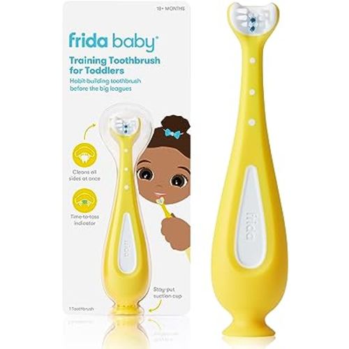 Frida Baby Training Toothbrush | Toddler Toothbrush for 18-24 Months, Easy-Grip Handle, Triple Angle Bristles, Soft Toothbrush Bristles, Stay-Put Suction Cup | Yellow