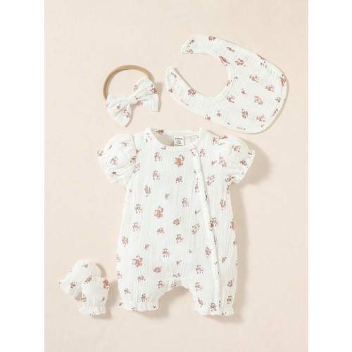 SHEIN Playful Pals Baby Girl Casual Ditsy Floral Puff Sleeve Romper, Summer | SHEIN USA