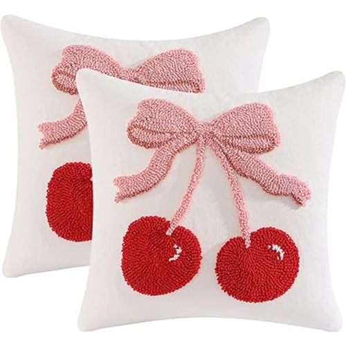 Tosleo Red Cherry Throw Pillow Covers 18x18 Pack of 2 Embroidered Pillow Cushion Cases Farmhouse Decor Square Tufted Valentine Pillowcases for Spring Summer Sofa Couch Bedroom