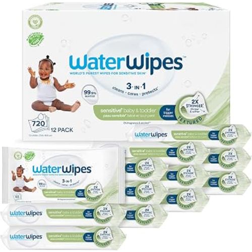 WaterWipes Sensitive+ Baby & Toddler Wipes, 3-In-1 Cleans, Cares, Protects, 99.9% Water, Textured Clean, Unscented & Hypoallergenic, 720 Count (12 Packs)