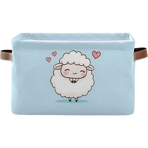 Large Storage Baskets Cute Sheep Lamb Love Fabric Storage Bins with Handles Decorative Collapsible Shelf Baskets for Organizing Clothes, Towel, Toys, Home