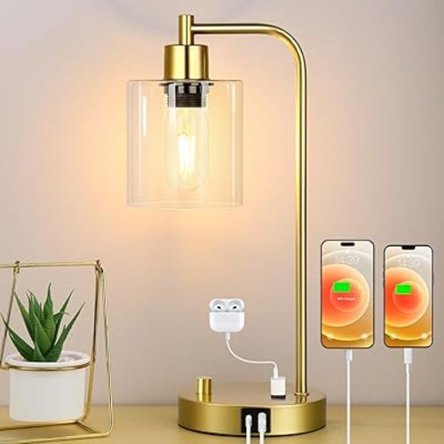 Gold Industrial Table Lamp with USB A+C Ports & Outlet, Fully Stepless Dimmable Modern Nightstand Lamp, Glass Shade Bedside Desk Lamp for Bedroom Living Room Office, 8W 2700K LED Edison Bulb Included