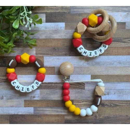 Kansas City Chiefs Toy Collection, Chiefs Baby Gift Pacifier Clip, Baby Chiefs Toy Rattle - Red, Yellow, Football - Chiefs Baby Shower Gift
