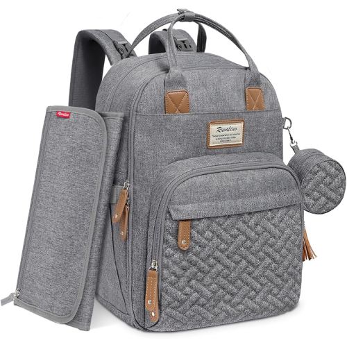 RUVALINO Diaper Bag Backpack, Multifunction Travel Pack Maternity Baby Changing Bags, Large Capacity, Waterproof, Gray
