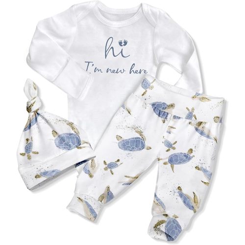 WIQI Newborn Infant Baby Boy Clothes Hi Im New Here Long Sleeve Baby Romper+Pants+Hat 3Pcs Baby Boy Outfits
