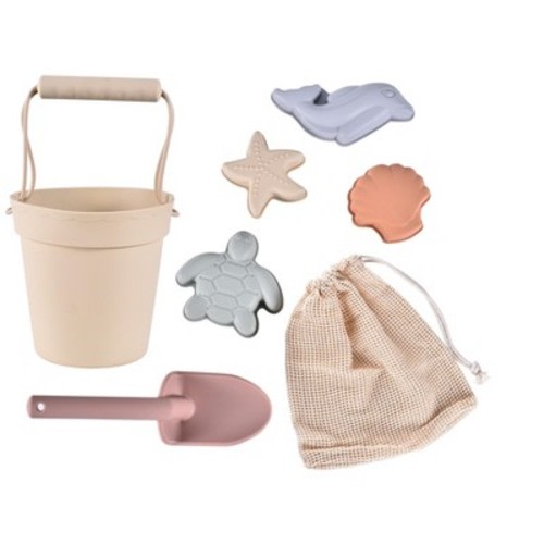 Link Ready! Set! Play! Silicone Beach & Pool Toy 7pc Set For Travel Easy To Clean Bucket Shovel 4 Sands Molds For Toddlers & Babies Carry Bag Included, Color: Beige