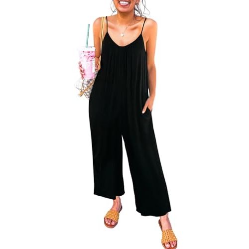 Happy Sailed Womens Casual Jumpsuits Loose Overalls Summer Sleeveless Stretchy Wide Leg Long Pants Romper with Pockets