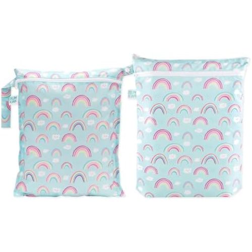 Bumkins - Waterproof Wet and Wetdry Bags - For Beach, Baby, Travel, Swim Suit, Cloth Diapers, Pump Parts, Pool, Gym, Toiletries - Reusable & Easy to Clean - Rainbows Blue - 2 Pack