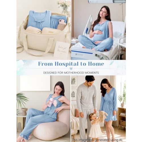 SUNNYBUY 3 PCS Ruffle Maternity Nursing Pajamas Set & Robe for Postpartum