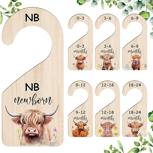 7 Pcs Highland Cow Baby Closet Dividers for Clothes Organizer Double Sided Wooden Nursery Closet Dividers for Baby Boy Girl Newborn to 24 Months Home Nursery Supplies