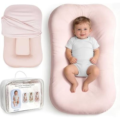 Infant Support Cushion, Baby Lounger for Newborn 0-24 Months, Portable Tummy Time Mat with Soft Cotton Cover for Home, Travel & Supervised, Essential Baby Gift (Pink)
