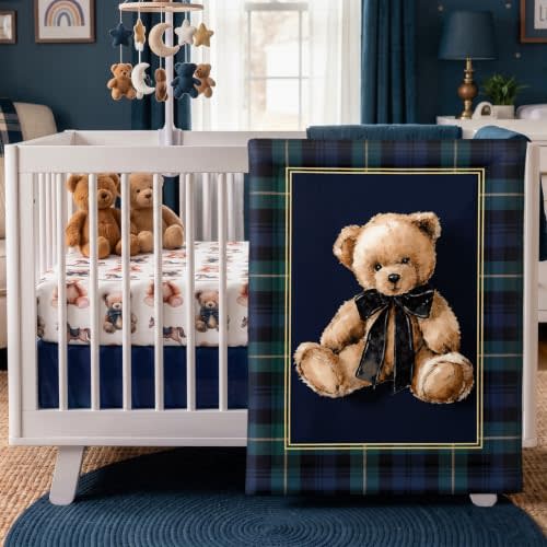 Hahafelt 3 Piece Teddy Bear Tartan Plaid Crib Bedding Set for Baby Boys | Navy Blue Teddy Bear Print Includes Quilt Fitted Sheet and Skirt. Soft Cotton Blend, Ideal for Infant and Toddler Cribs